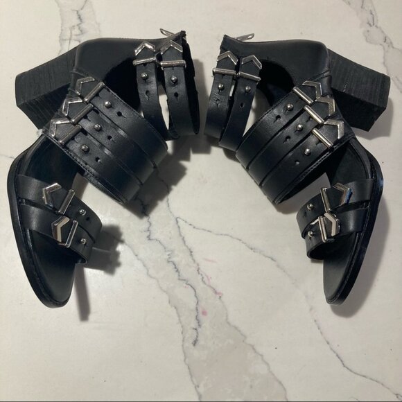 SHELLYS LONDON Sz 5 Stacked 2.5” Heel Buckle Accents Sandals - Picture 3 of 10